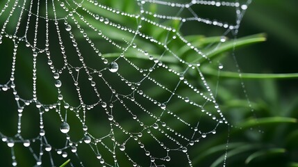Intricate spider web glistening with dew drops on lush green foliage