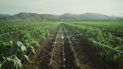 A smart agriculture field with sensors monitoring soil health moisture and crop growth visible on a digital dashboard.