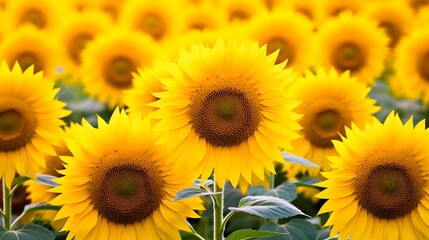 Obraz premium Close-up of vibrant yellow sunflowers in a blooming sunflower field, focusing on intricate details of the petals and seeds