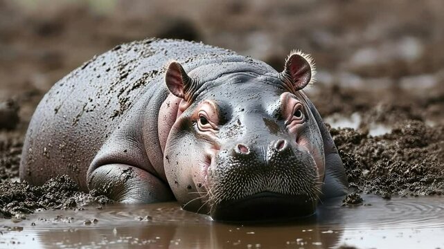 Muddy Hippopotamus: A captivating close-up of a hippopotamus wallowing in the mud, showcasing its powerful presence and serene demeanor in its natural habitat.  