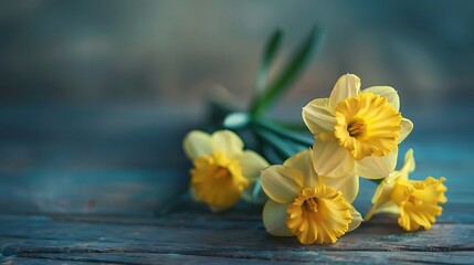 Narcissus flowers on wooden table with bokeh background