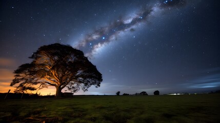 Majestic lone tree illuminated under a star-filled night sky with the Milky Way galaxy in the background