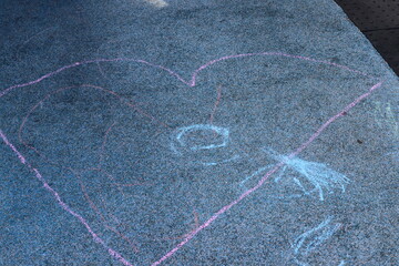 Children's chalk drawings on the sidewalk in the city.