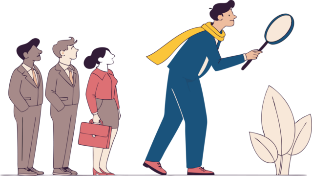 business team job search transparent png illustration with magnifying glass.