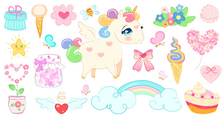 Vector set of cute, gentle, magical, and fairytale objects and characters: unicorn, rainbow, star, butterflies, bee, flowers, gift box, flower balloon, various magic hearts, sweets, objects.