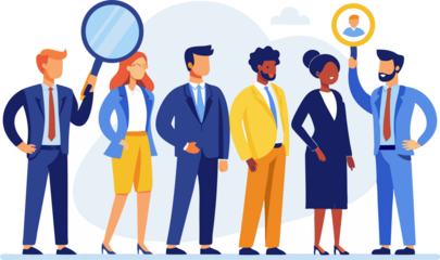 diverse business team recruitment transparent png illustration with magnifying glass.