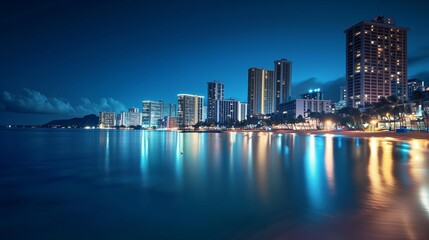 Fototapeta premium **: The Honolulu skyline at night, with the city lights glowing brightly and reflecting off the calm ocean waters, creating a beautiful urban seascape.