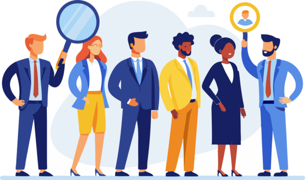 diverse business team recruitment transparent png illustration with magnifying glass.