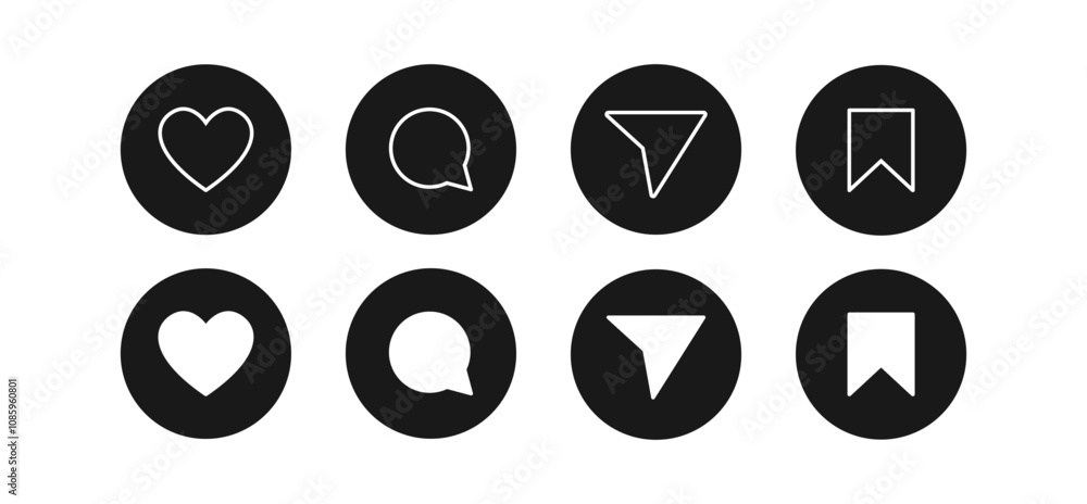 Poster instagram social media round button like comment share save icon collection. set of social network u