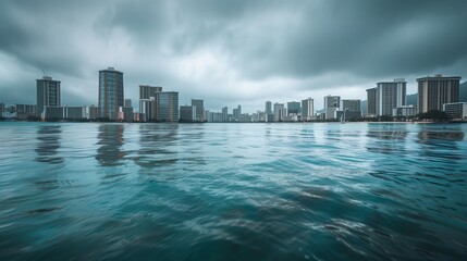 Naklejka premium **: The Honolulu skyline with the ocean front on a cloudy day, the overcast sky adding a soft, muted tone to the cityscape and water.