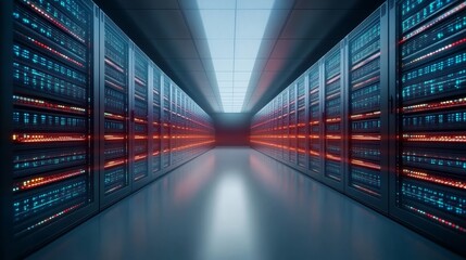 A long hallway with many computer servers