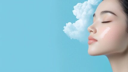 A woman with a clear face and a blue background