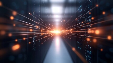 A computer server room with a bright orange light shining through the center