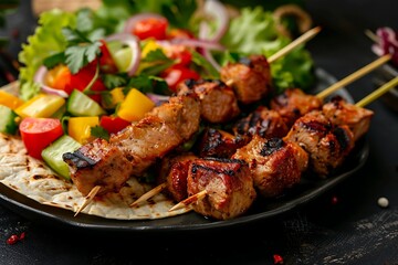 Grilled meat on skewers with salad on plate, closeup