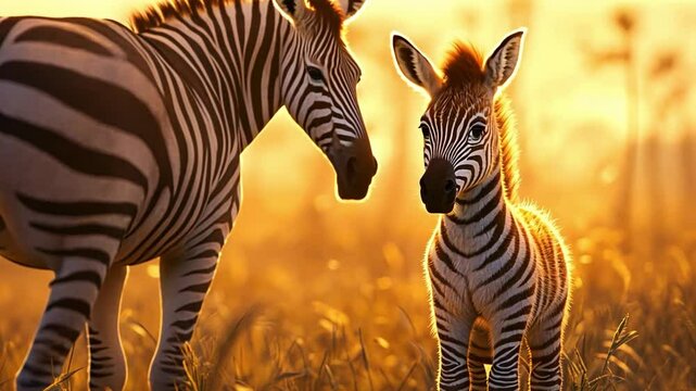 Golden Hour Zebras: A heartwarming image of an adult zebra and its adorable foal bathed in the warm, golden light of the African savanna sunset.