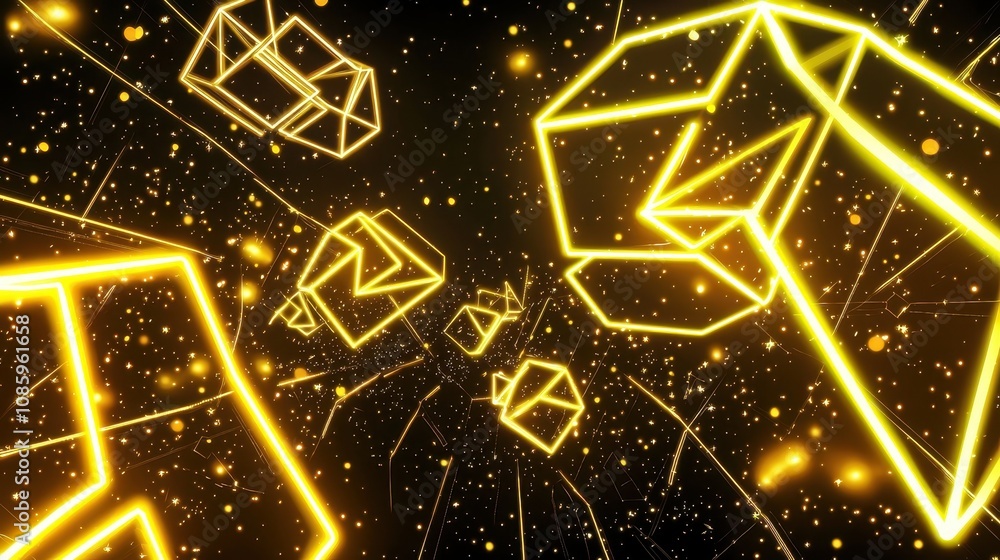 Poster dynamic neon shapes in motion digital space abstract art futuristic environment aerial view technolo