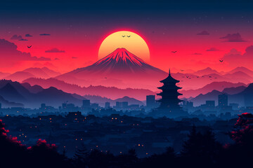 Obraz premium Serene Sunset Over Japanese Cityscape With Mount Fuji
