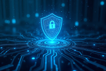 A luminous blue cybersecurity shield with digital circuits in a dark technological space 