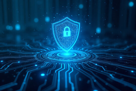 A luminous blue cybersecurity shield with digital circuits in a dark technological space 