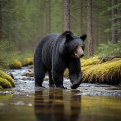 A black bear foraging near a crystal-clear stream in a pine.