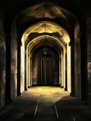 Obraz premium Sunlit arches casting dramatic shadows in a historic stone corridor.