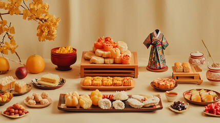 A traditional Korean Chuseok celebration featuring an array of rice cakes, fruits, and decorative items in a festive setting