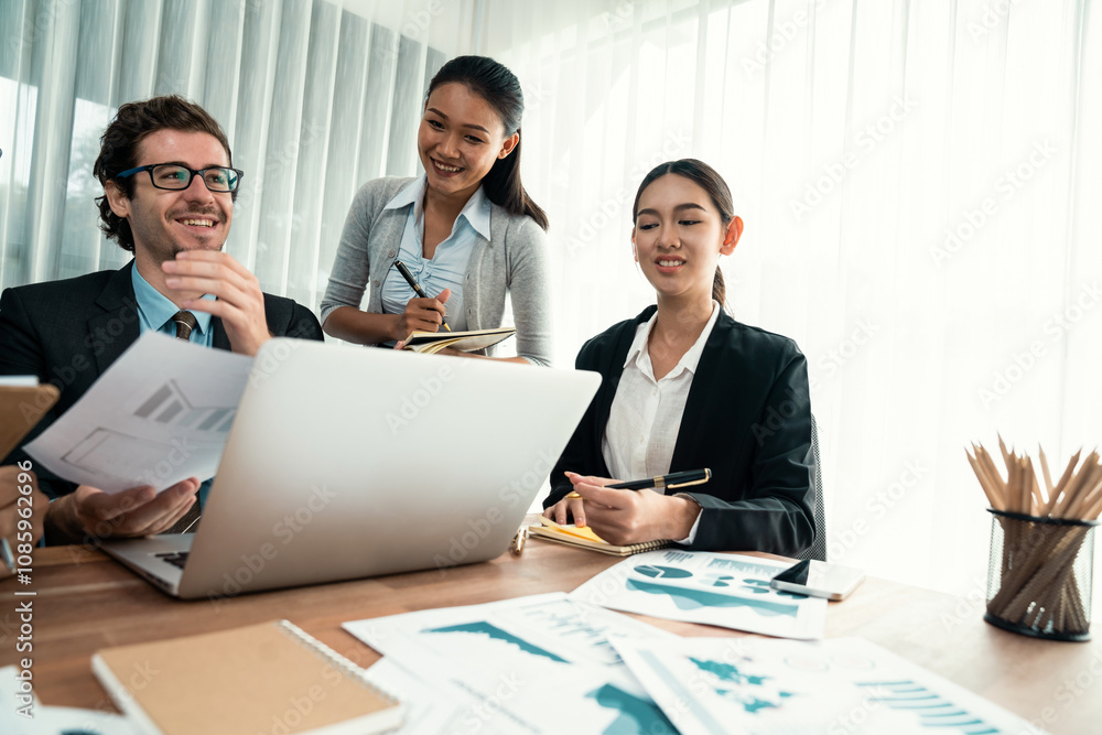 Poster diverse group of business analyst team analyzing financial data report paper on office table. chart 