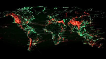 Vivid cyber attack world map  intricate patterns in neon green and red on black background