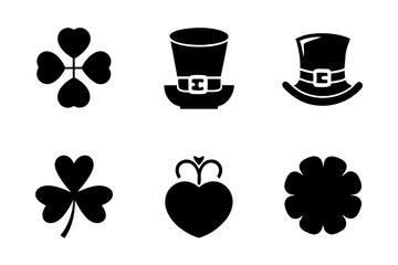 St. Patrick’s Day Logo Icon Set Minimalistic Vector Illustrations – Shamrock, Leprechaun Hat, Pot of Gold & More