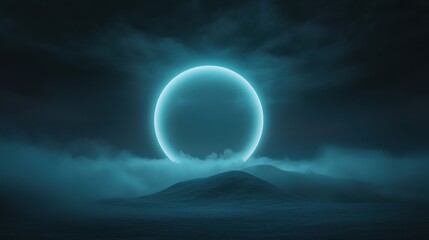 A large glowing blue circle is in the sky above a foggy mountain