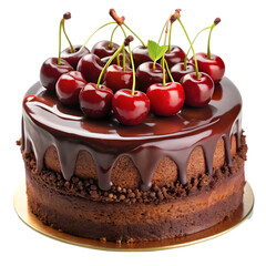 chocolate cake with cherries on transparent background