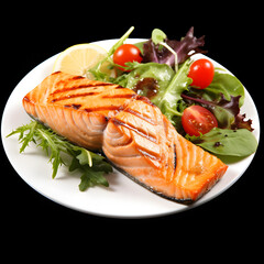 Grilled salmon with asparagus on white plate isolated on black background

