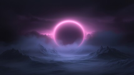 A large purple circle is in the center of a dark sky