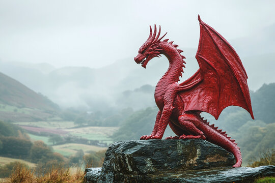 A majestic red dragon statue against misty welsh mountains.