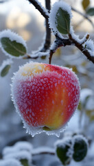 A vibrant red and yellow apple covered in frost, hanging from a snow-dusted branch, symbolizing the beauty of winter harvests in colder regions.