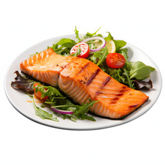 Grilled salmon with asparagus on white plate isolated on black background
