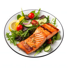 Grilled salmon with asparagus on white plate isolated on black background
