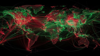 Intricate cyber attack world map in vibrant neon colors highlighting data flow on black background