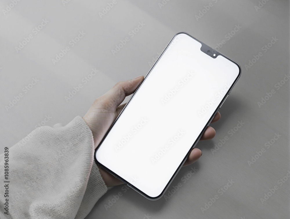 Poster Minimalistic composition of a smartphone with a blank screen held in a hand