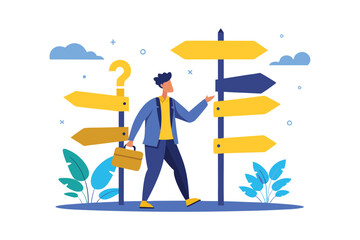 vector illustration of a businessman standing at a crossroads with directional signs symbolizing decision-making and career choices.
