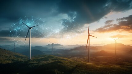 Obraz premium The turbines are lit up with neon lights, giving the scene a futuristic