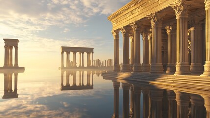 Fototapeta premium Tranquil Reflections: 3D Render of Ancient Roman Architecture Gracefully Mirrored in Calm Lake with Dramatic Light, Timeless Elegance