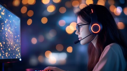 Naklejka premium A woman wearing a headset and glasses is sitting in front of a computer monitor