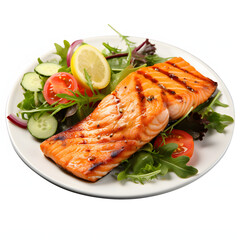 Grilled salmon with asparagus on white plate isolated on black background
