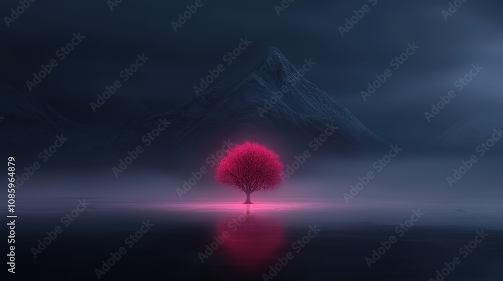 Poster a tree is lit up in the dark with a mountain in the background