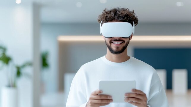 A man wearing a white shirt is holding a tablet in his hand