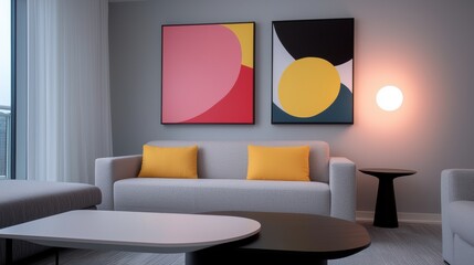 A living room with a couch and two paintings on the wall