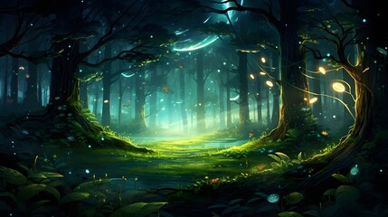 Serene fairy-tale forest with glowing fireflies and a luminous moonlit trail
