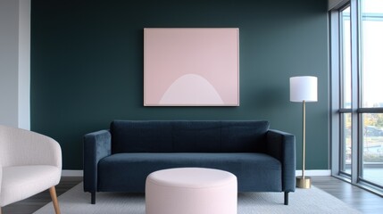 A living room with a blue couch and a pink ottoman