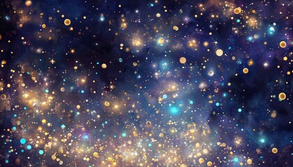 Fototapeta premium Bokeh, fairy lights, string lights, twinkle lights, golden glow, night sky, dark blue background, ambient lighting, festive lights, holiday decoration, warm lights, light pattern, illumination, magic 